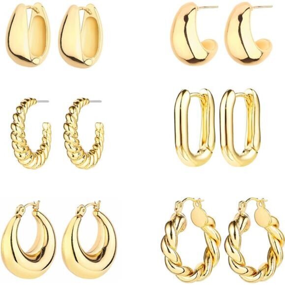 6 Pairs‎ 14K Gold Hoop Earrings for Women Lightweight Chunky Hoop Earrings - Picture 1 of 6